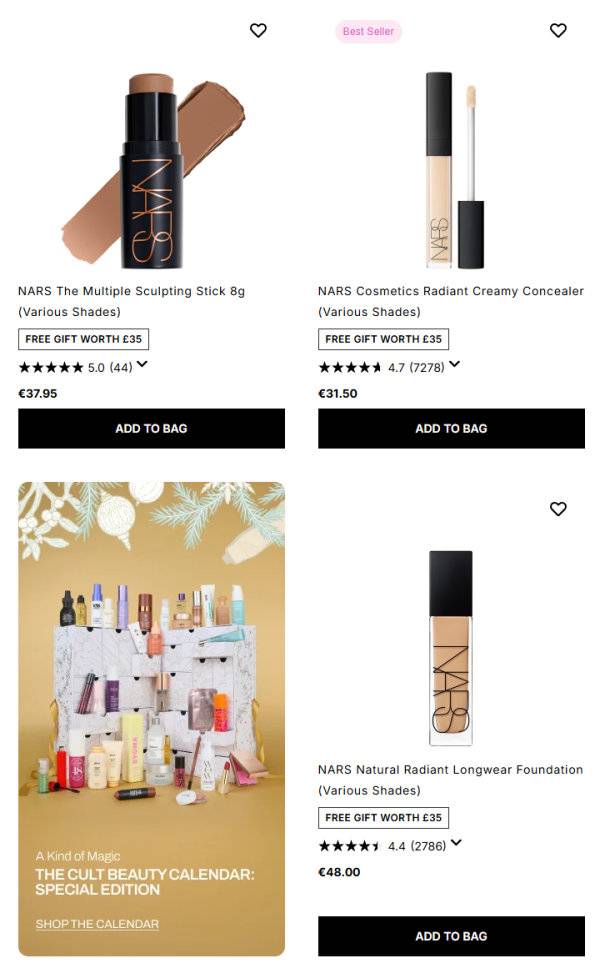 Cult Beauty 官网现有NARS全线产品8折+彩妆4件套!