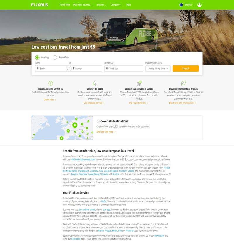 FlixBus 美国绿色巴士旅行预定网站