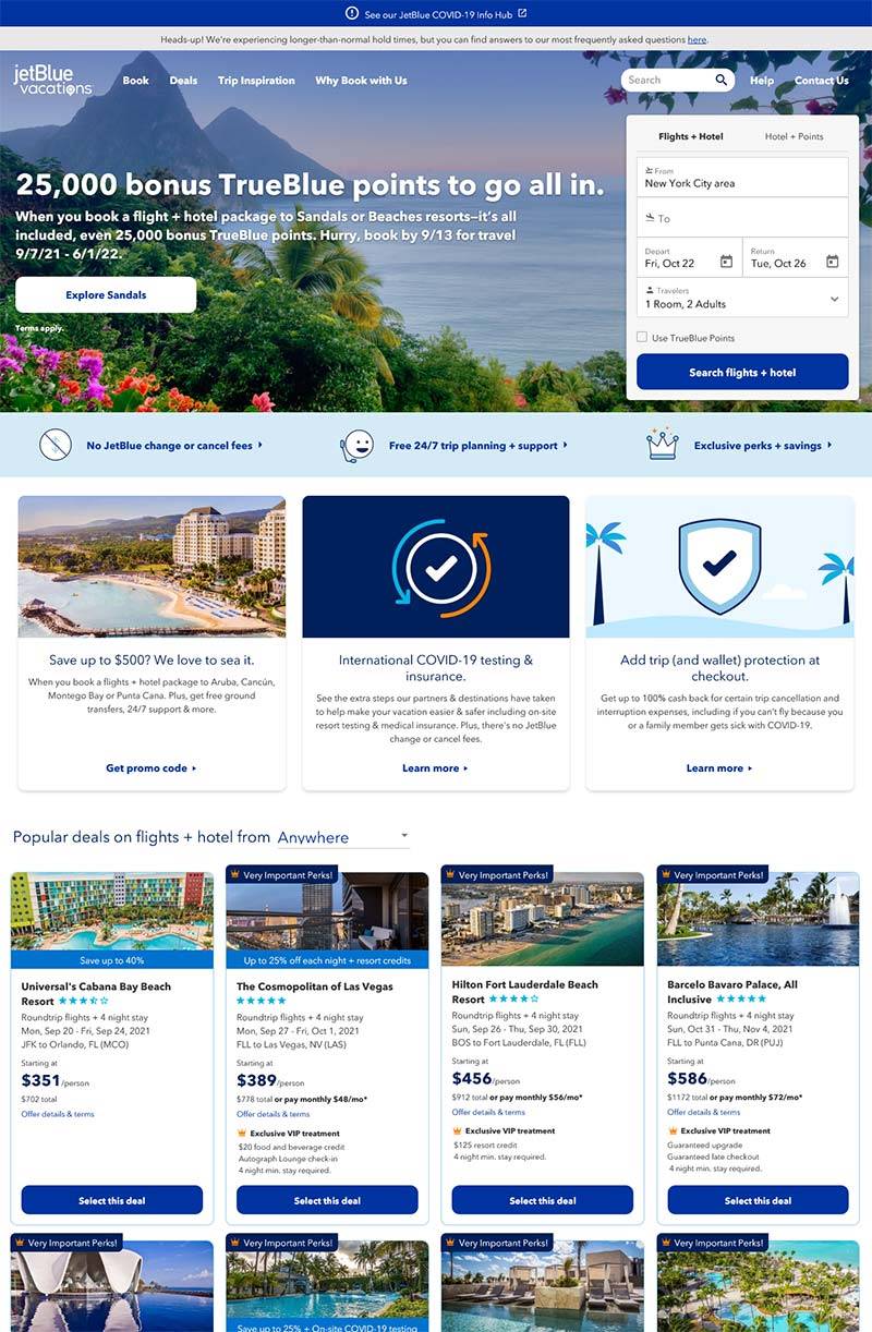 JetBlue Vacations 美国旅游度假在线预定网站
