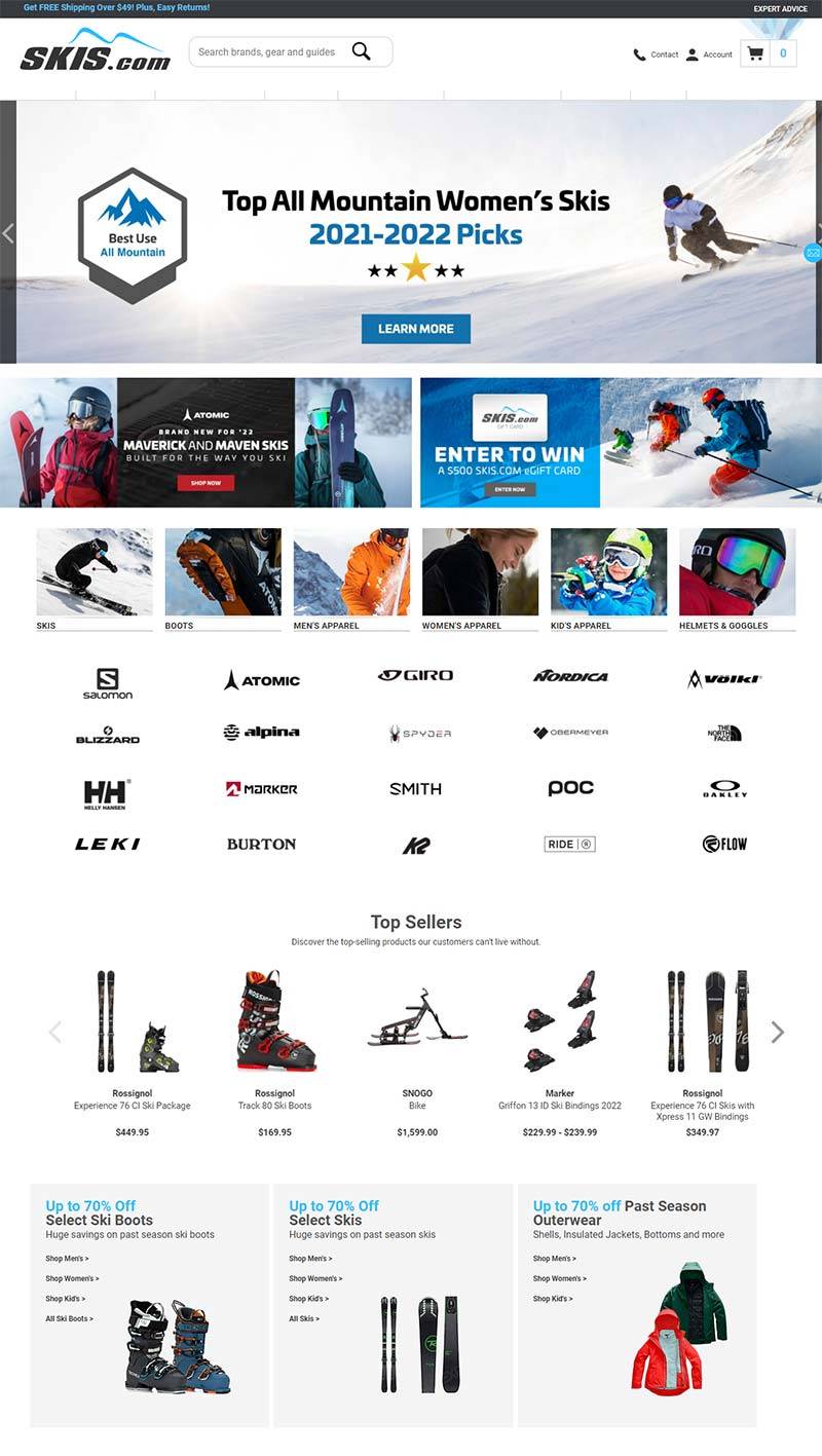 Skis.com 美国滑雪装备品牌购物网站