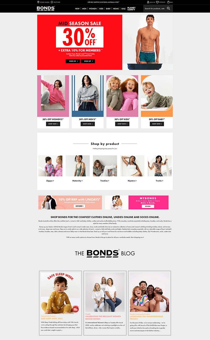 Bonds Australia 澳大利亚时装品牌购物网站