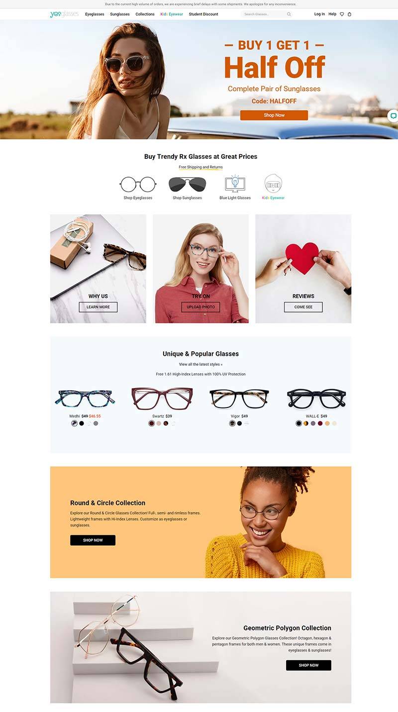 Yesglasses 美国时尚眼镜品牌购物网站